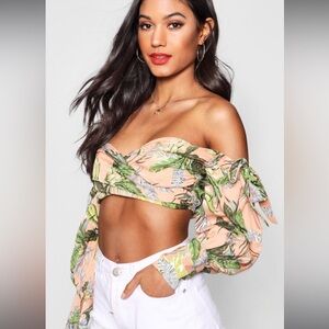 Boohoo Shelby Wrap Front Balloon Sleeve Tie Bardot Crop Size 4